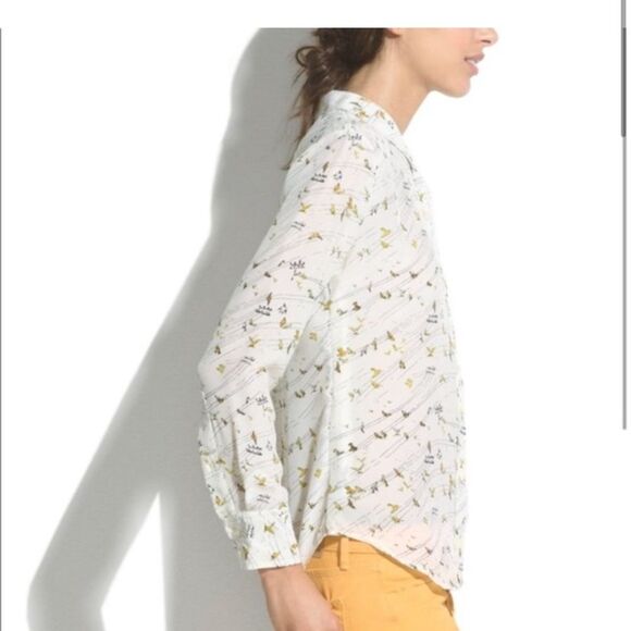 Madewell Boyfit Birds Life 100% Silk Crepe Delicate Cream yellow button down Sm - Picture 10 of 11